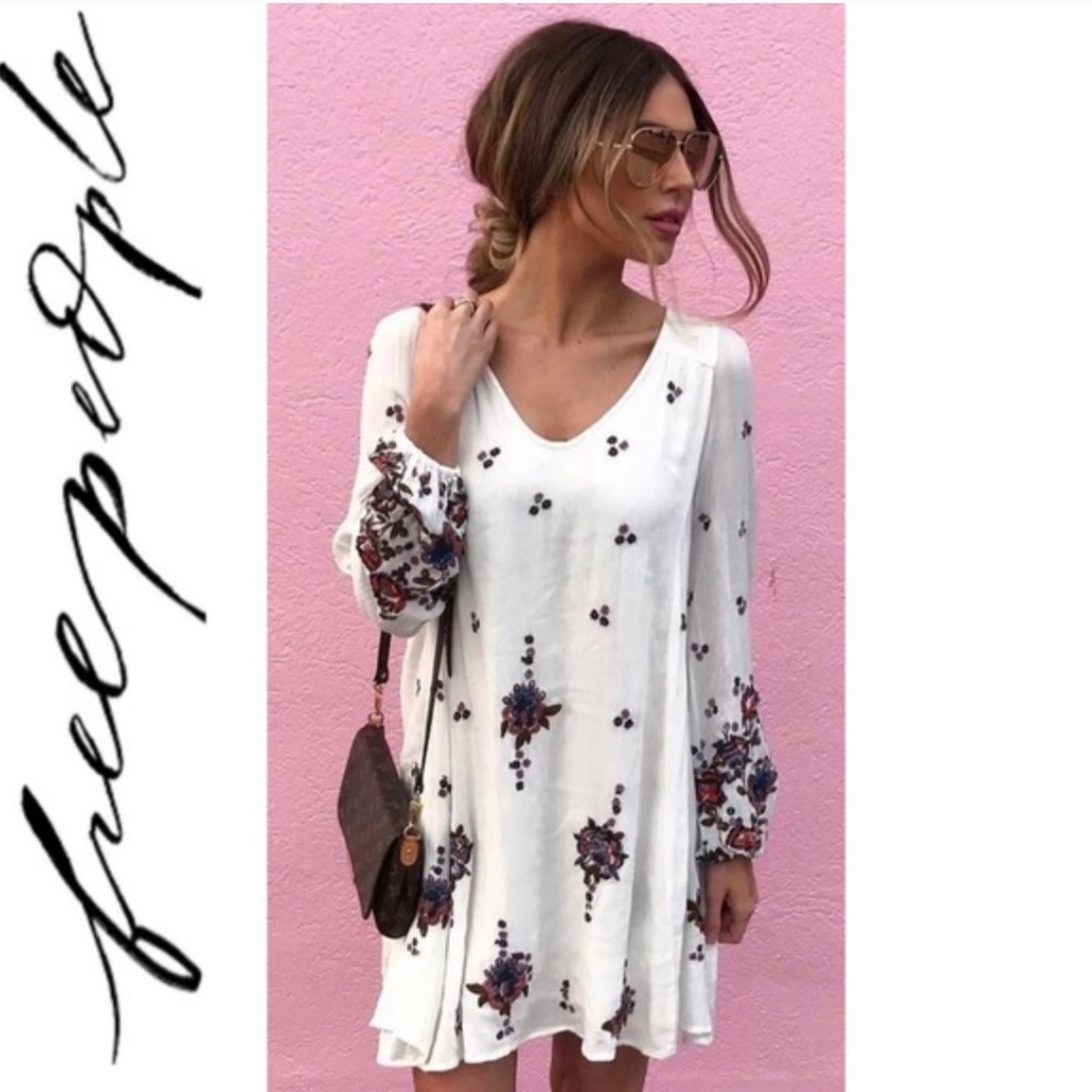Free People Oxford Embroidered Mini Boho Dress Long Sleeves CutOut Back